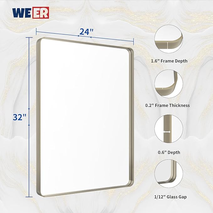 WEER 24X32 Inch Brushed Nickel Bathroom Mirror, Brushed Silver Metal Frame - Image 6