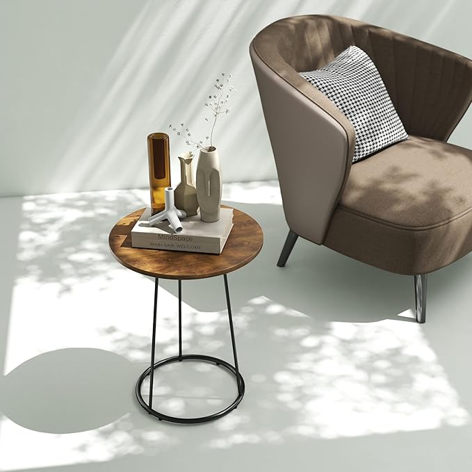 Manora Small Round Side Table, Rustic Brown Wood Accent Table - Image 4