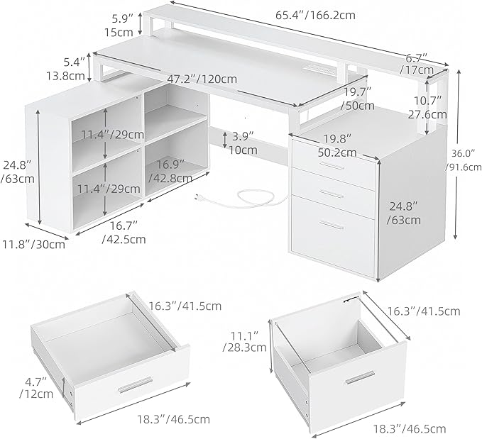 DWVO L Shaped Desk with Drawers, Corner Home Office Desk with Storage Shelves & - Image 2