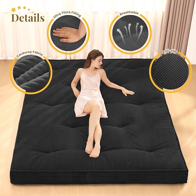 Japanese Floor Mattress, Corduroy Foldable Mattress Pad Roll Up Tatami Mat - Image 3