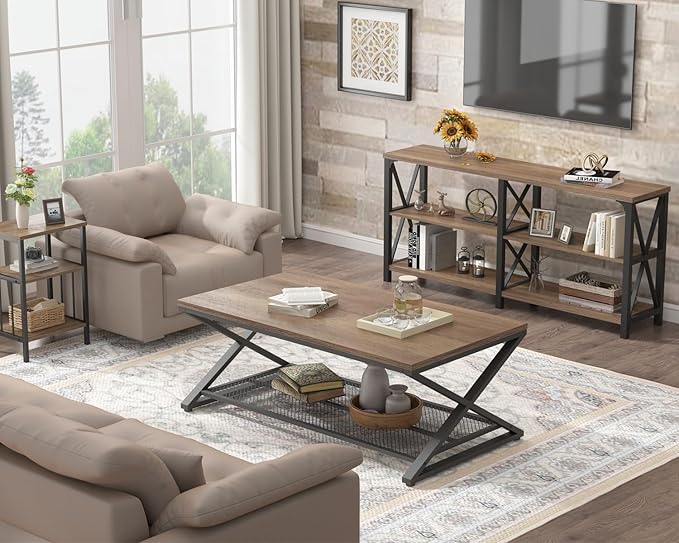 LVB Wood Coffee Table, Metal Wooden 2 Tier Center Tables - Image 7