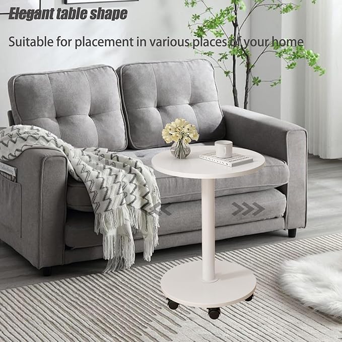 Pedestal Side Table Round with Wheel, Rotating Couch Tables That Slide Under - Image 8