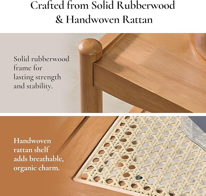 Rattan Side Table with Wheels, Small End Table with Storage, Narrow Wooden Bed - Image 5