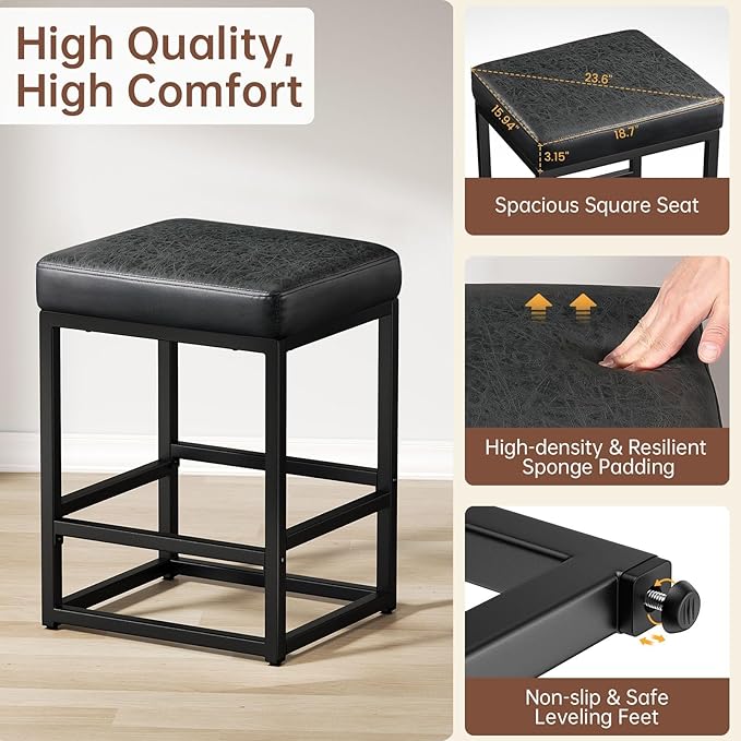 Counter Height Bar Stools Set of 3, Faux Leather Counter Stools - Image 3