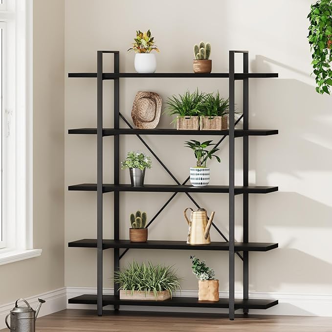 HSH 5 Tier Tall Black Bookshelf, Wood and Metal Storage Book Rack, Industrial - Image 9