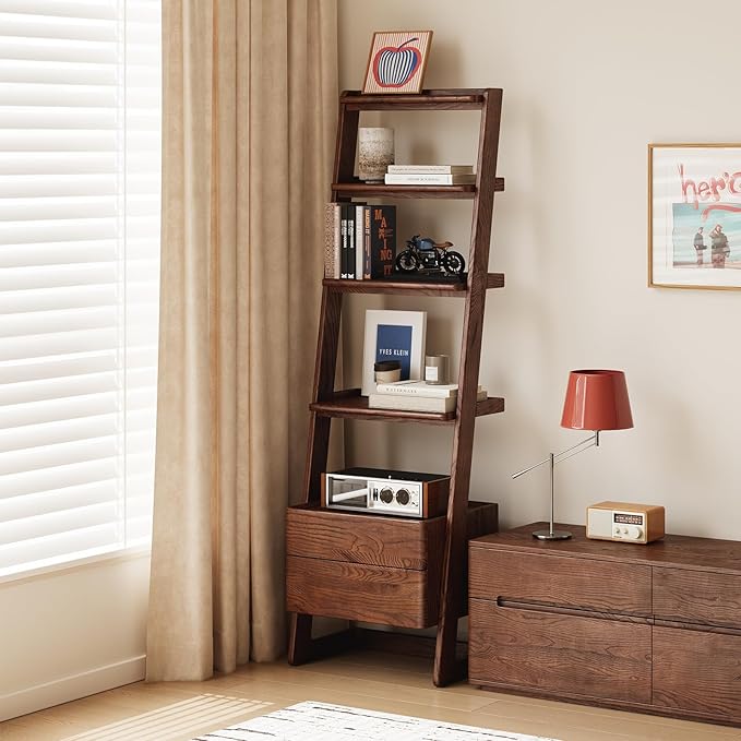 100% Solid Wood 5 Tier Ladder Shelf, Narrow Ladder Bookshelf by Vadisun