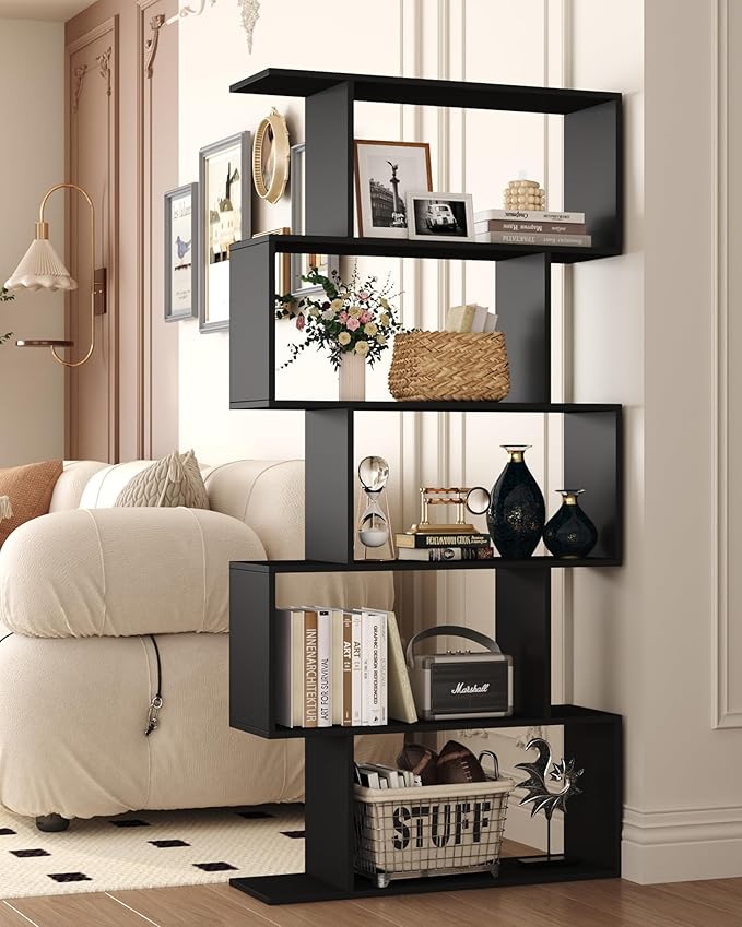 Yusong Bookshelf 5-Tier, Geometric Bookcase S Shaped Book Shelves - Image 2