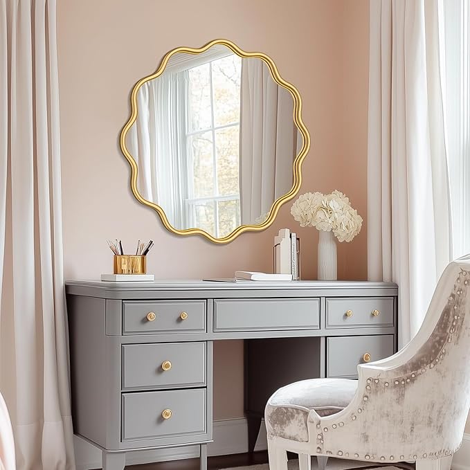 PROHOMEWARE Gold Round Mirror 28 Inch Wavy Bathroom Vanity Mirror Gold Frame - Image 7