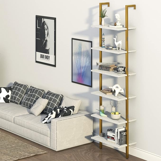 Ladder Shelf 6 Tiers Marble White Modern Bookshelf Open Tall Wall Mount - Image 4