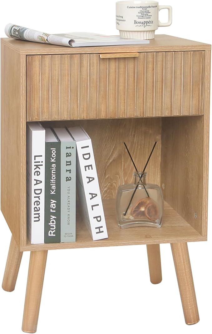 Night Stand with Drawer, Mid Century Nightstand with Storage, Modern Fluted by Fultyle