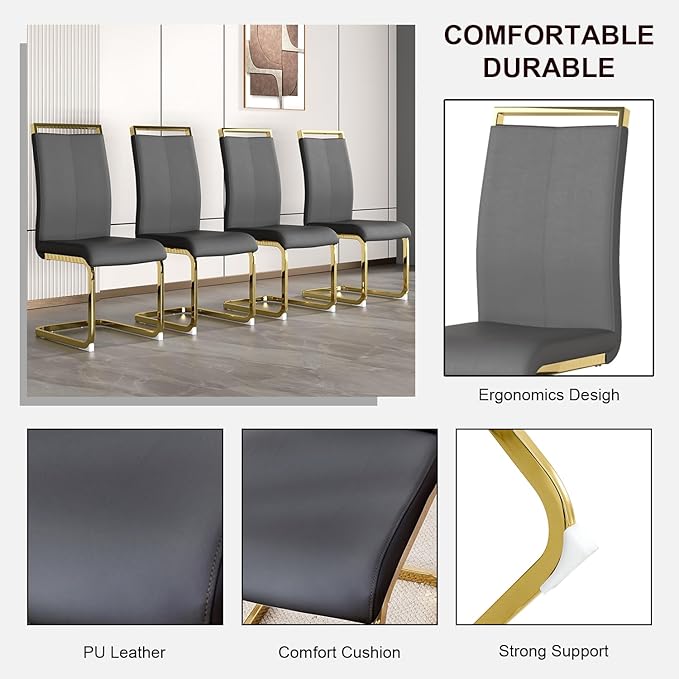 Modern Dining Chairs Set of 6, High Back Grey Kitchen Chairs, Faux Leather Side - Image 6