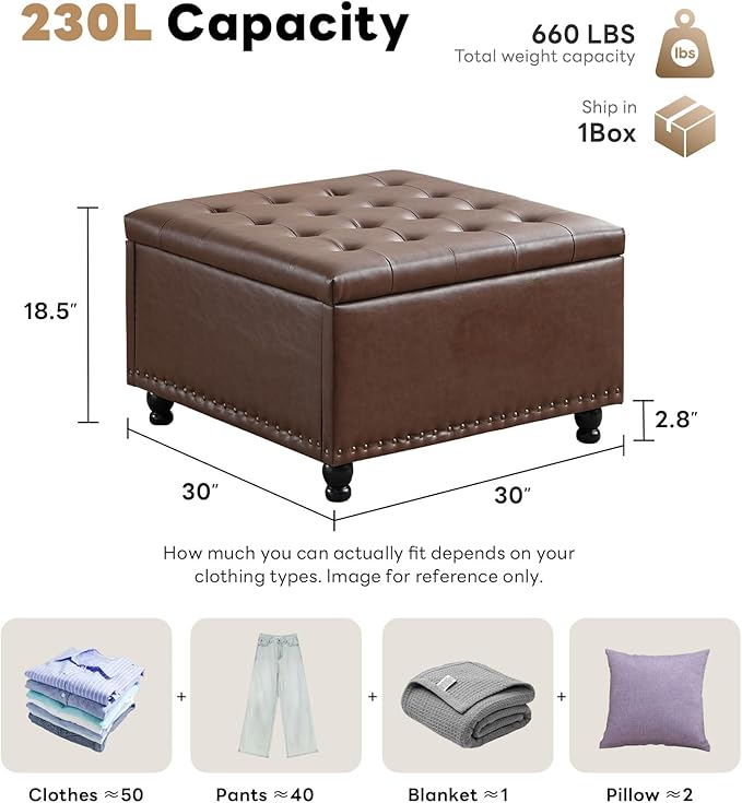 Tbfit Large Square Storage Ottoman Bench, Button Tufted Upholstered Coffee - Image 2