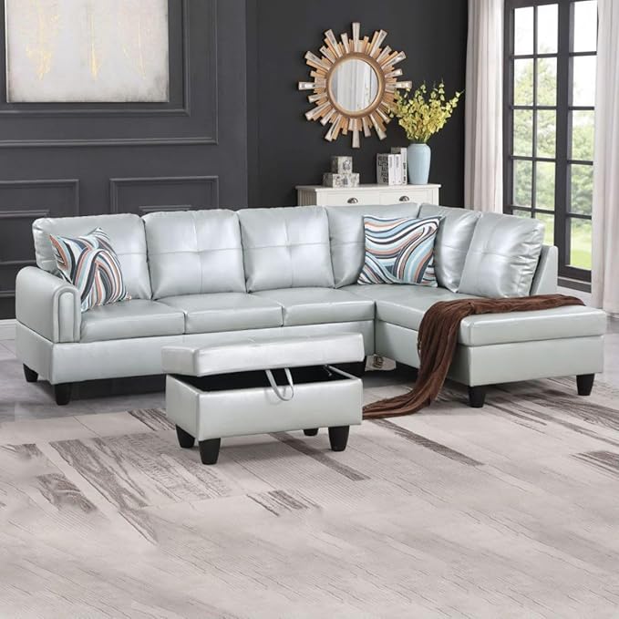 Silver Green L-Shaped 3-Piece Faux Leather Sofa by Unknown