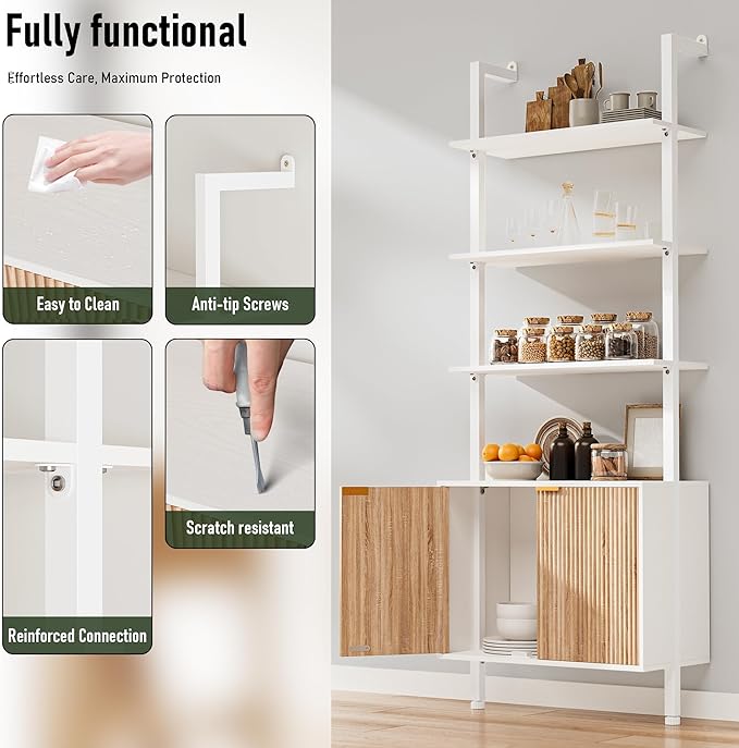 74" Tall Bookshelf with Storage Cabinet, Modern Ladder Shelf with Wood and - Image 4
