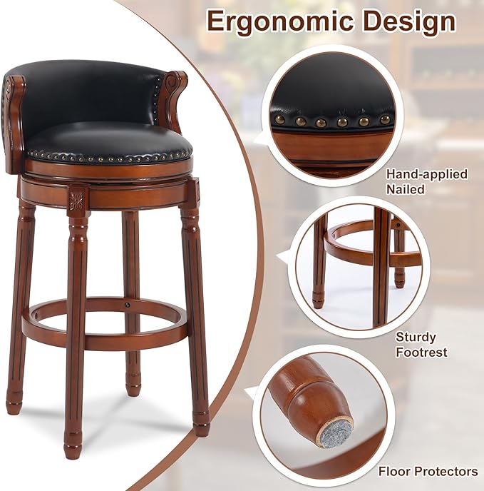 CozyRain Bar Stools Rubber Wood Counter Height Bar Stool Leather Upholstered - Image 5