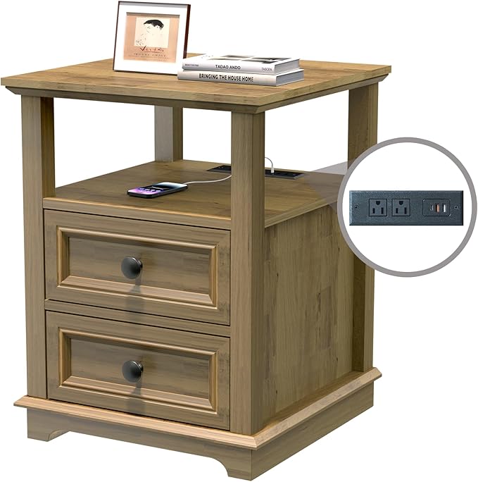 End Table with Fast USB C Charging Station, Large Storage Rustic Wood Square - Image 7