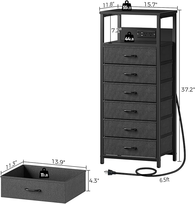 Seventable Night Stand with Charging Station, Tall Nightstand with 6 Fabric - Image 3