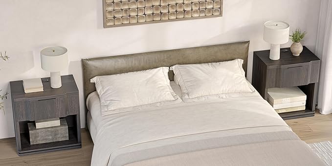 Nightstand with Charging Station, Wooden Curved Night Stand Bedside Tables with - Image 7