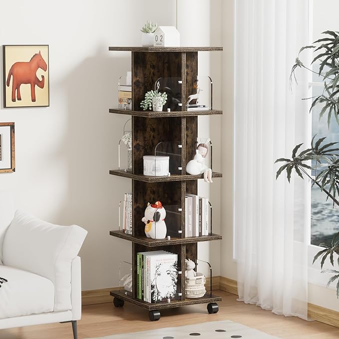 VECELO Rotating Bookshelf with Brake Wheels, 4 Tier Revolving Bookcase - Image 2