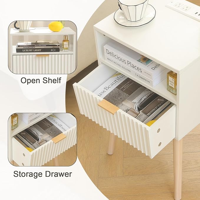 White Nightstand with Charging Station, Modern Bedside Table with Drawer and - Image 4