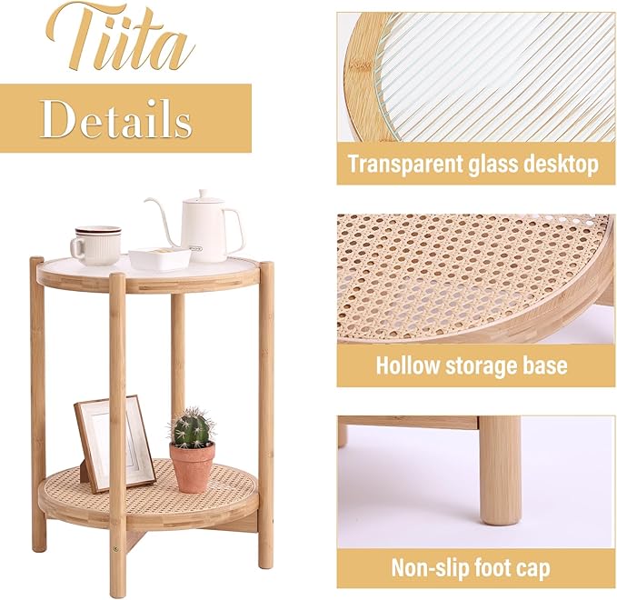 Tiita Rattan Nightstand Side Table, Bamboo Accent Bedside Tables, Glass Coffee - Image 4