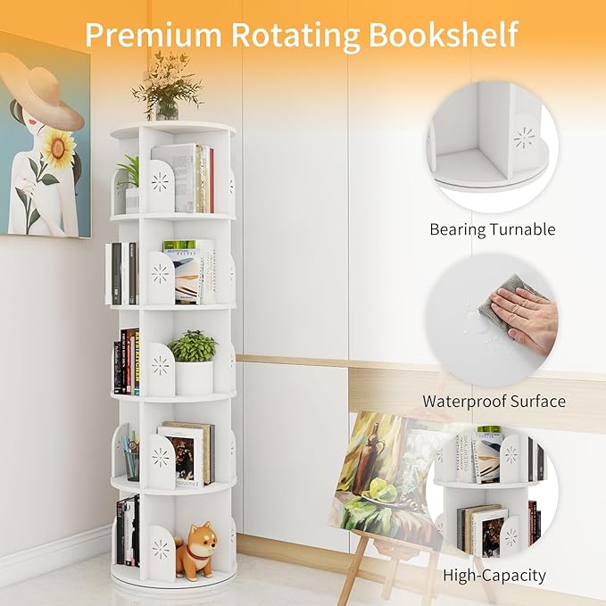 Hestiasko 5 Tier Rotating Bookshelf, 360 Rotating Bookcase, Spinning Bookshelf - Image 4