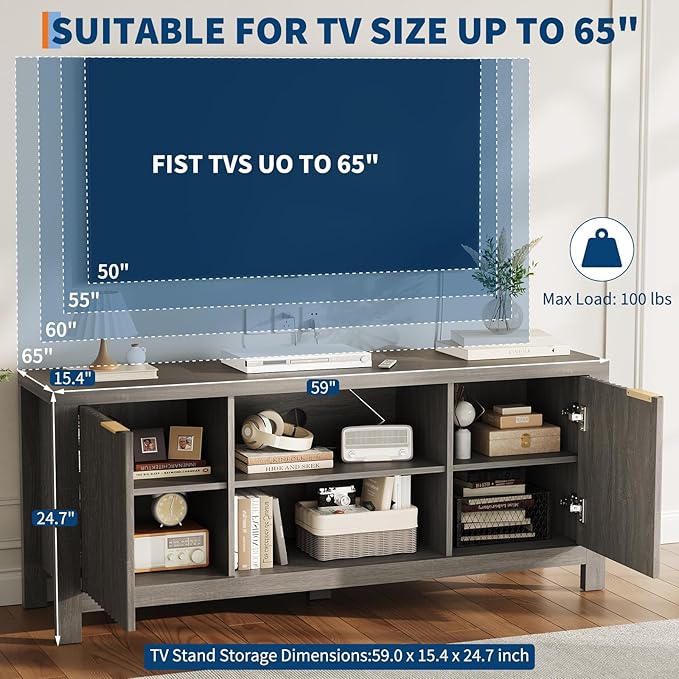 59" TV Stand for TVs Up to 65 Inches, Mid Century Modern TV Entertainment Center - Image 5