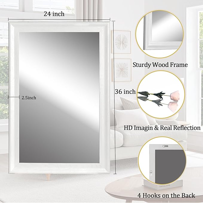 CULER White Wood Wall Mirror for Bathroom, Rectangle Rustic 24 x 36 inch - Image 5