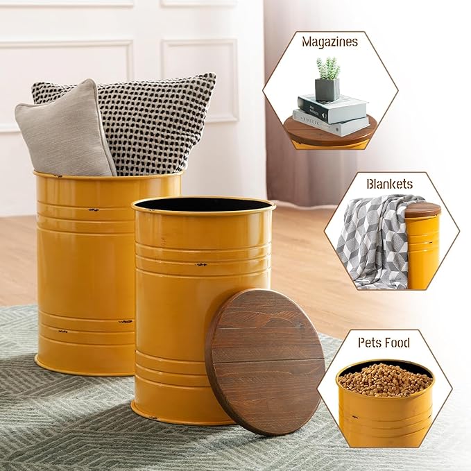 Glitzhome Farmhouse Accent Side Table, Metal Storage Stool Ottoman - Image 4