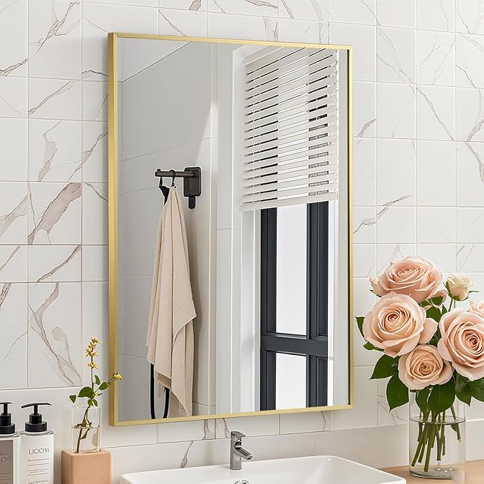 Brushed Gold Mirror, 30x36 Inch Aluminum Framed Rectangle Mirror, Tempered Glass by CLBA