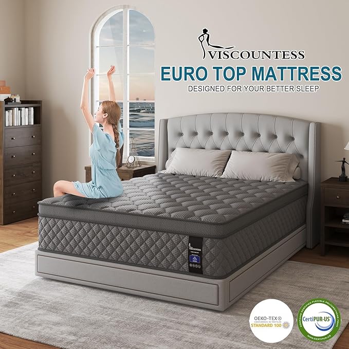 Queen Mattress, 10 Inch Euro Top Mattress Grey Hybrid Medium Firm - Image 2
