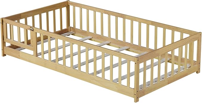Twin Floor Bed Frame with Slats and Safety Guardrail, Wood Twin Size Montessori - Image 6