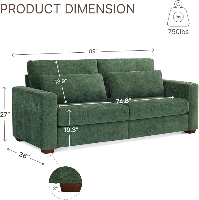 89" Sofa Couch for Living Room Chenille Upholstered Couch - Image 2