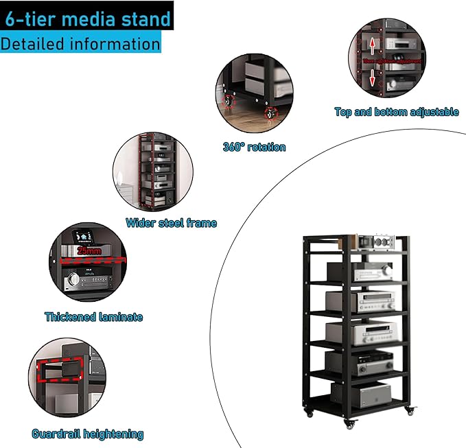 6 Tier Audio Rack Tower, CD Record Player Stereo Receiver AV Equipment Cabinet - Image 3