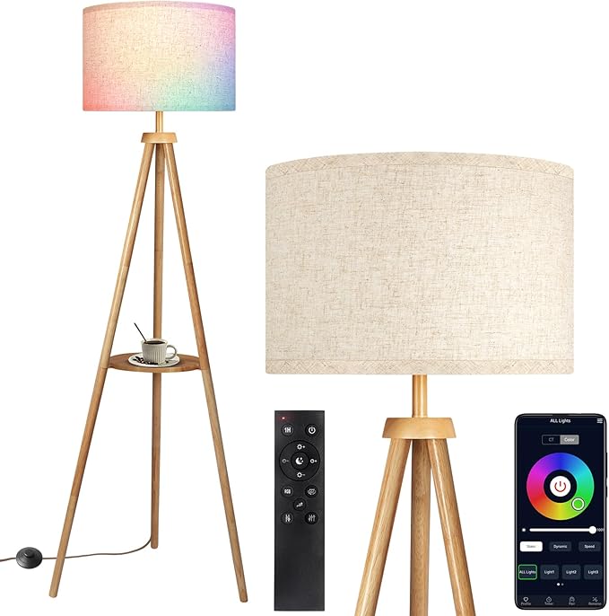 OUTON Tripod Floor Lamp with Shelves, Mid Century Dimmable Wood Floor Lamp with by OUTON