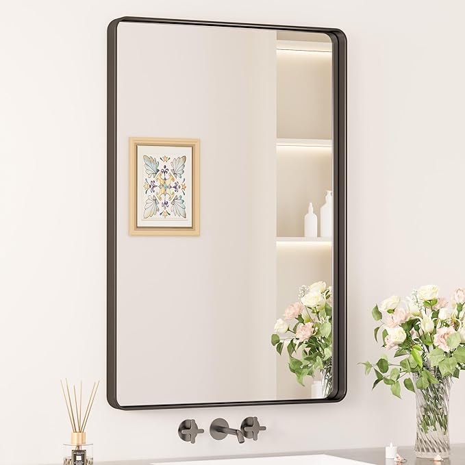 Keonjinn Black Bathroom Mirror for Vanity 24 x 36 Inch Metal Framed Wall Mirror by Keonjinn