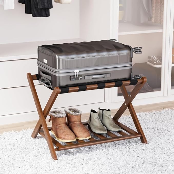 Fully Assembled Walnut Bamboo Luggage Rack by SmartFENDEE
