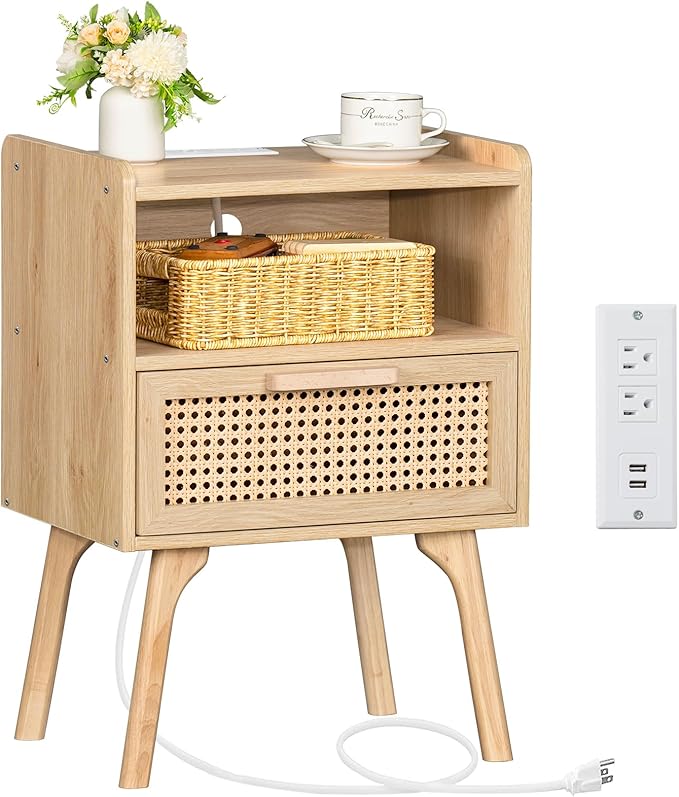 Lerliuo Rattan Nightstand with Charging Station, Boho Side Table with Drawer by Lerliuo