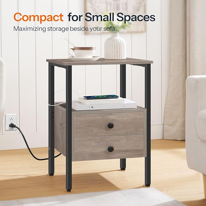 HOOBRO End Table with Charging Station, Nightstand with 2 Drawer & USB Ports & - Image 3