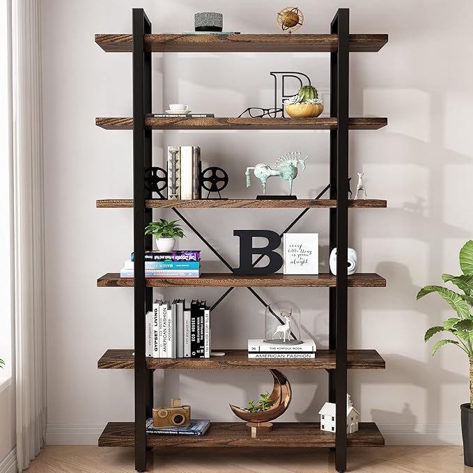 Solid Wood Bookcase and Book Shelves Wood and Metal Shelving Unit 6 Tier - Image 3