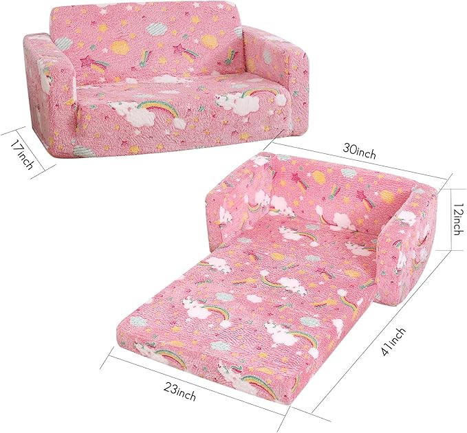 Foldable Kids Sofa Extra Wide for 2 Seats, Soft Kids Fold Out Couch Glow in The - Image 3