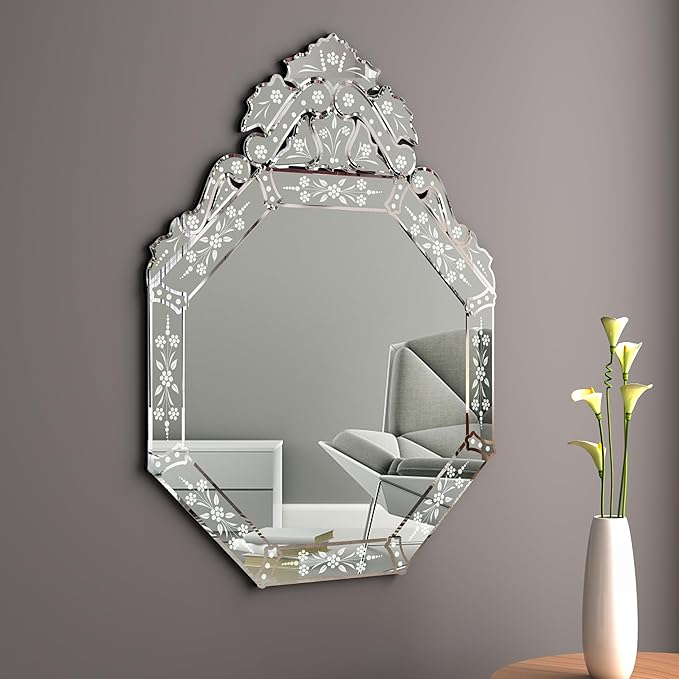 KOHROS Venetian Mirror with Top Crown Arch Floral Etched 32 x 24 Inch Octagonal - Image 5