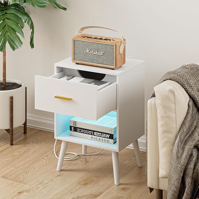 Nightstand with Charging Station and LED Lights, Small Side Table, Bedside - Image 4