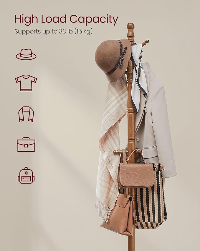 VASAGLE Solid Wood Coat Rack and Stand, Free Standing Hall Coat Tree - Image 3
