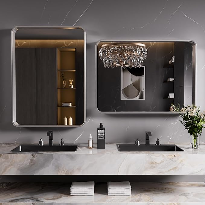 Brushed Nickel Bathroom Mirror 48x32 Inch, Brushed Silver Metal Frame Mirror - Image 3