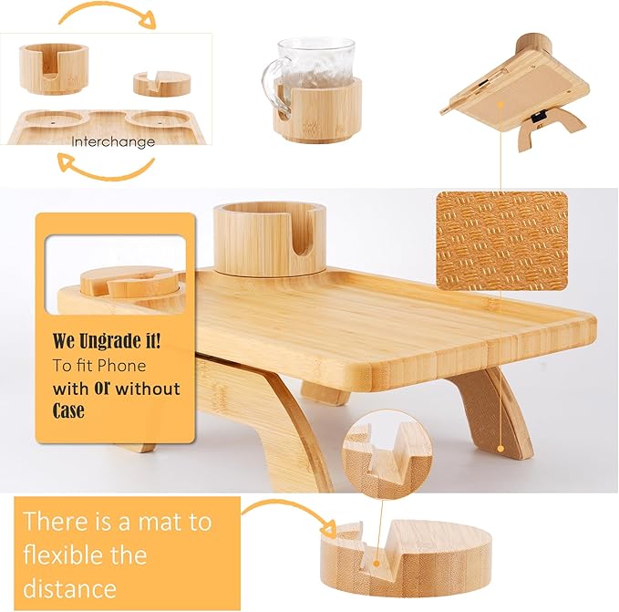 Nnewvante Couch Table on Arm, 3 in 1 Large 15.36"x9.85" Bamboo Couch Cup Holder - Image 7
