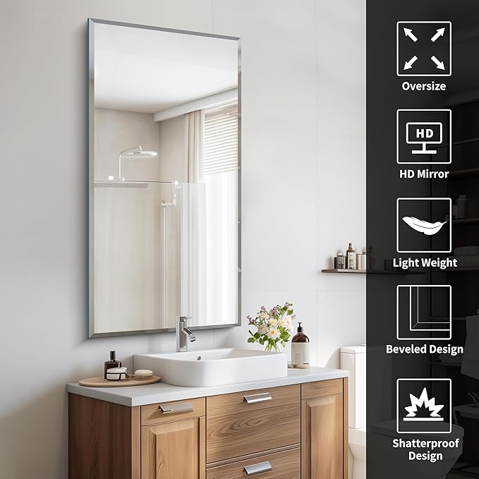 24x48 Large Beveled Mirror, Frameless Beveled Bathroom Mirrors - Image 3