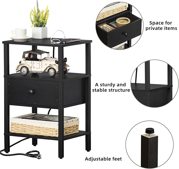 Lerliuo Nightstand with Charging Station and USB Ports, 3-Tier Storage End - Image 6