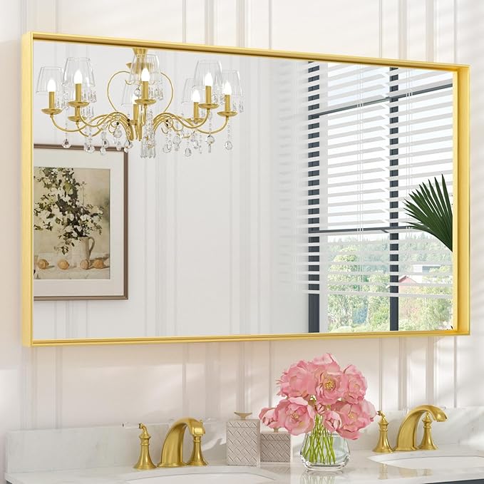 Keonjinn Gold Bathroom Mirror 48 x 30 Inch Gold Trimmed Bathroom Wall Mirror by Keonjinn
