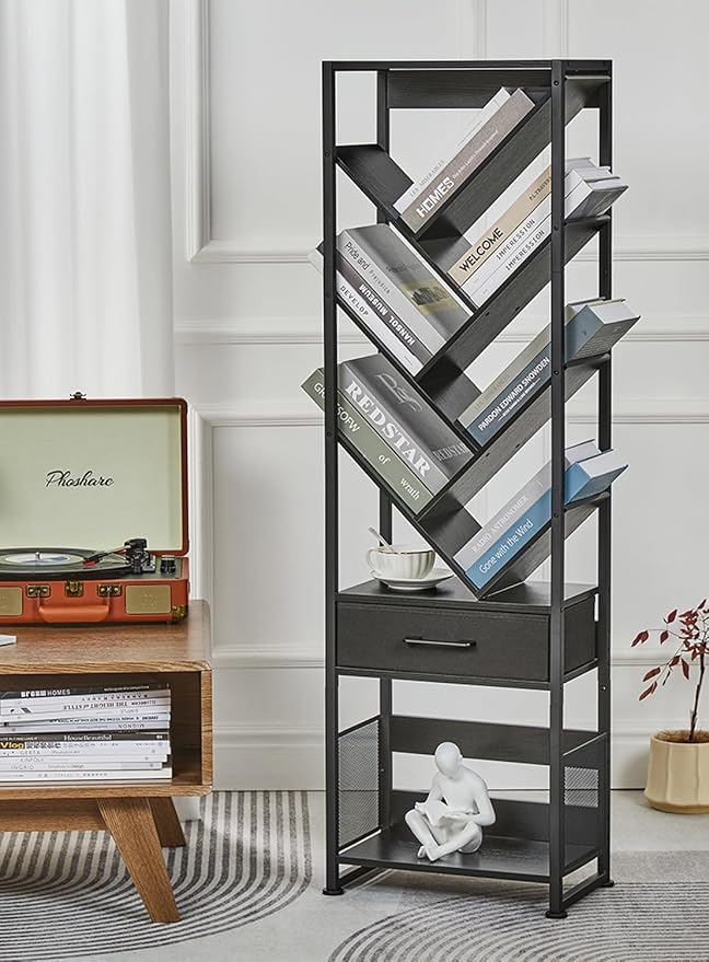 Bookshelf with Drawer, 10 Tier Tree Bookcase Retro Floor Standing Bookshelves by Zexvida